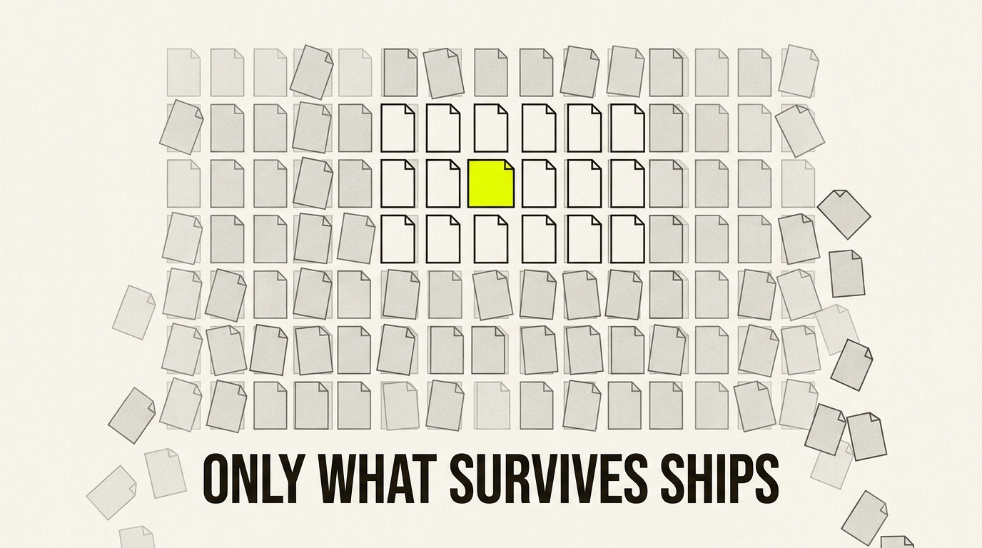 A field of pages — most fall away, only the ones that survive ship